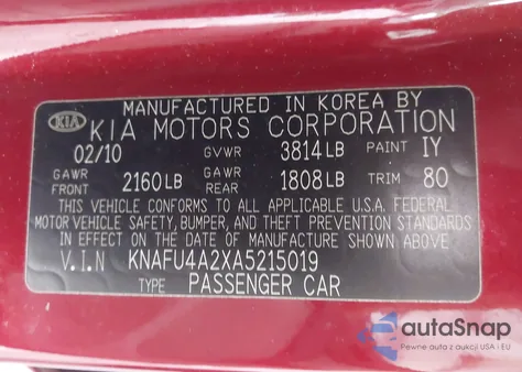 2010 Kia Forte Ex z USA, uszkodzony, nr VIN KNAFU4A2XA5215019